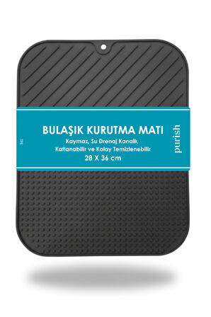 Purish | Bulaşık Kurutma Matı –TPE – 28x36 cm, Kaymaz, Bardak & Tabak Kurutma Pedi (Antrasit Gri)