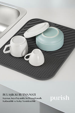Purish | Bulaşık Kurutma Matı –TPE – 28x36 cm, Kaymaz, Bardak & Tabak Kurutma Pedi (Antrasit Gri)