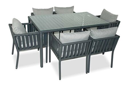 London Rattan Bahçe Balkon 6 Kişilik Yemek Takımı Taş Gri