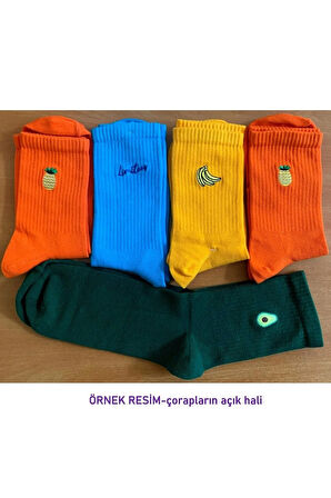 Meyve Işlemeli Çoraplar, Sevimli Çoraplar, Nakışlı Çoraplar, Unisex Çoraplar 5 Çift No:3 Karışık Renk 36 - 40 Beden