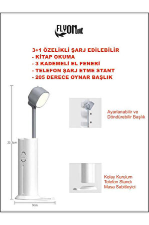 3+1 Şarjlı Kitap Okuma Lambası , Fener 3 Kademeli ,Acil durum Powerbank ve Telefon Tutucu Lamba