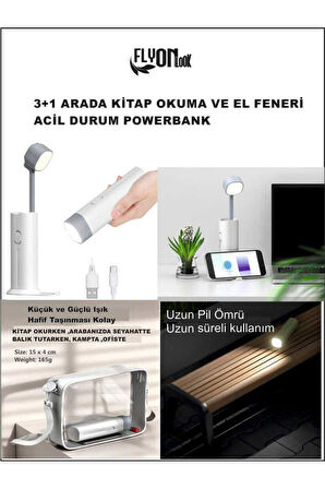 3+1 Şarjlı Kitap Okuma Lambası , Fener 3 Kademeli ,Acil durum Powerbank ve Telefon Tutucu Lamba