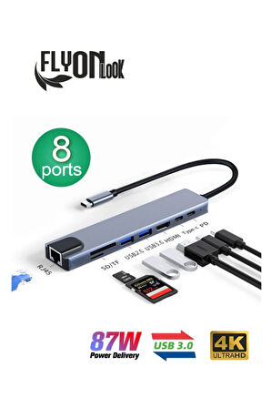 8 In 1 type-c 3.1 4K HDMI Adaptörü ile SD/TF Kart Okuyucu PD Hızlı Şarj için  Ethernet Girişli