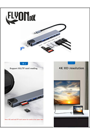 8 In 1 type-c 3.1 4K HDMI Adaptörü ile SD/TF Kart Okuyucu PD Hızlı Şarj için  Ethernet Girişli