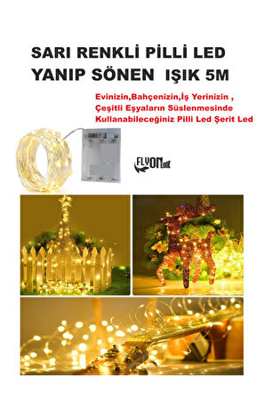 SARI IŞIKLI YANIP SÖNEN PİLLİ LED IŞIK 5M EV, BAHÇE, OFİS , ÇEŞİTLİ EŞYA SÜSLEME LED ŞERİT IŞIK
