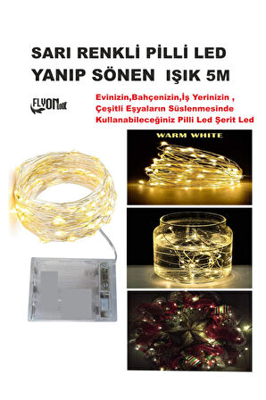 SARI IŞIKLI YANIP SÖNEN PİLLİ LED IŞIK 5M EV, BAHÇE, OFİS , ÇEŞİTLİ EŞYA SÜSLEME LED ŞERİT IŞIK