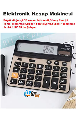 Büyük Düğme Elektronik Hesap Makinesi 14 Haneli  Temel Matematik  Bellek  Güneş Enerji  Yüzde Hesap