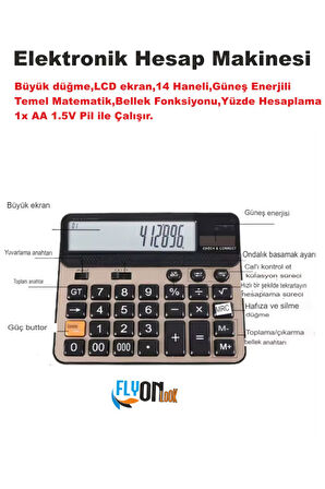 Büyük Düğme Elektronik Hesap Makinesi 14 Haneli  Temel Matematik  Bellek  Güneş Enerji  Yüzde Hesap