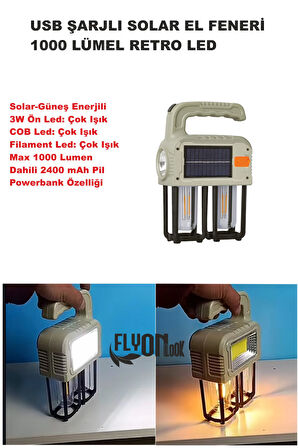 Solar Güneş Enerjili  Şajlı El Feneri,Fonksiyonlu Filament,COB ve 3W Ön Led Powerbank Özelikli Lamba