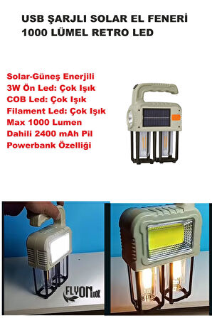 Solar Güneş Enerjili  Şajlı El Feneri,Fonksiyonlu Filament,COB ve 3W Ön Led Powerbank Özelikli Lamba