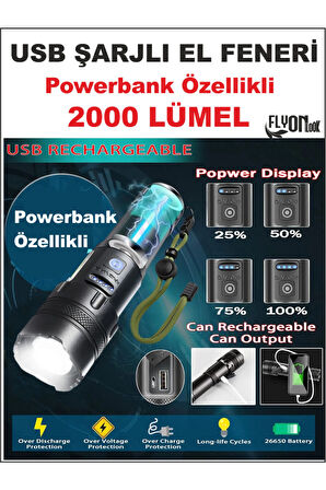 Ultra Güçlü Powerbank Özellikli 2000 Lümel El Feneri Zoom Özellik Şarj Gösterge Hızlı Dolum Deprem