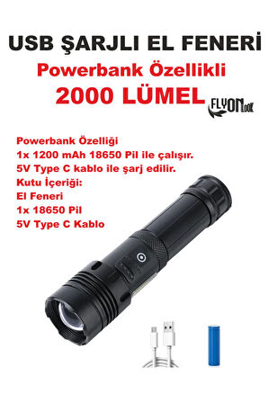 Ultra Güçlü Powerbank Özellikli 2000 Lümel El Feneri Zoom Özellik Şarj Gösterge Hızlı Dolum Deprem