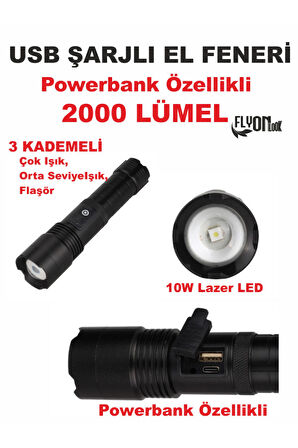 Ultra Güçlü Powerbank Özellikli 2000 Lümel El Feneri Zoom Özellik Şarj Gösterge Hızlı Dolum Deprem