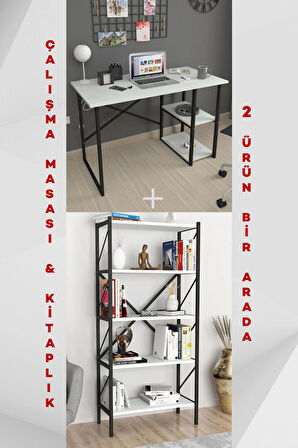 2 Raflı Çalışma Masası Bilgisayar Masası Ofis Ders Masası + 5 Raflı Kitaplık Metal Kitaplık Beyaz