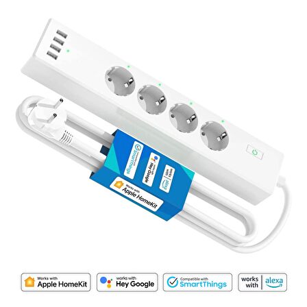 Meross Wi-Fi Apple HomeKit Google Assistant ve Alexa Uyumlu Akım Korumalı 4 USB Girişli Akıllı 4lü Priz