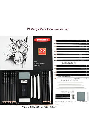 Kara kalem çizim seti, eskiz kalem seti, dereceli kalem set, kömür kalem-Kutulu 22 parça