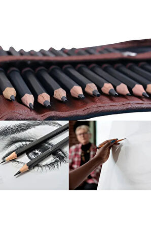 Kara kalem çizim seti, eskiz kalem seti, dereceli kalem set, tonlama-Rulo kalemlikli-31parça