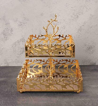 Çınar Dekoratif Kurabiyelik Sunumluk 2 Katlı Gold Renk Kare