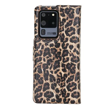 Samsung Galaxy S20 Ultra Florence Tüylü Leopar Deri Cüzdan Telefon Kılıfı