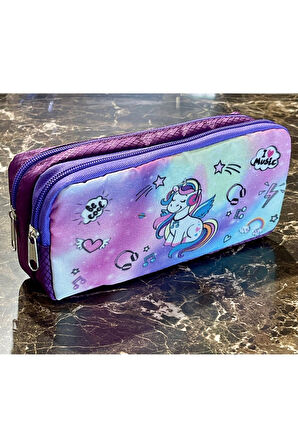 Unicorn Yıldız Desenli İki Bölmeli Çocuk Okul Lila Mor Kız Kalemlik Kalem Kutusu 21 x 11 x 6 cm
