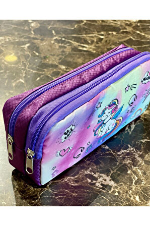 Unicorn Yıldız Desenli İki Bölmeli Çocuk Okul Lila Mor Kız Kalemlik Kalem Kutusu 21 x 11 x 6 cm