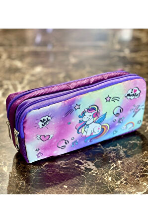 Unicorn Yıldız Desenli İki Bölmeli Çocuk Okul Lila Mor Kız Kalemlik Kalem Kutusu 21 x 11 x 6 cm