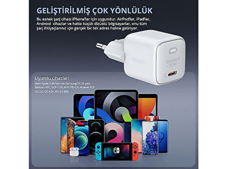 AUKEY PA-B1L-WH 30W Omnia II Mini GaN Type-C PD Şarj Adaptörü