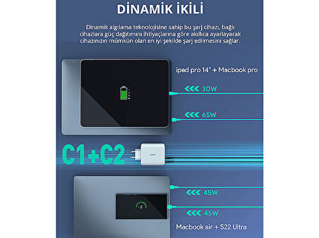 AUKEY PA-B7S-WH 100W Dört Bağlantı Noktalı PD GaN Duvar Şarj Cihazı