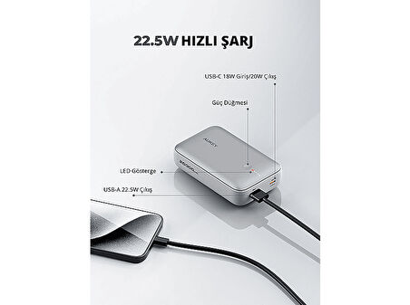 AUKEY PB-Y57-WH 22.5W 20000 mAh PD QC3.0 Type-C USB-A Taşınabilir Şarj Cihazı