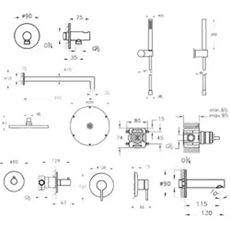VitrA Origin Ankastre Duş Seti, Siyah, 9 Parça