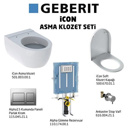 Geberit iCon Alpha15 Soft Asma Klozet Seti, Parlak Krom