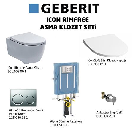 Geberit iCon Rimfree Alpha10 Soft Slim Asma Klozet Seti, Parlak Krom