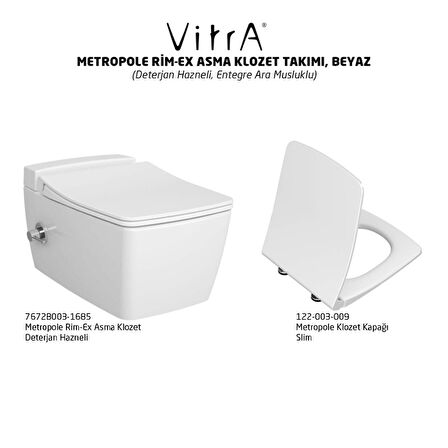 VitrA Metropole Rim-Ex VitrAfresh Entegre Ara Musluklu Asma Klozet ve Slim Soft Kapak Takımı, Beyaz