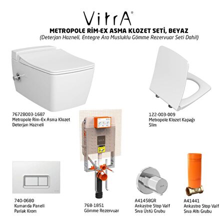 VitrA Metropole Rim-Ex VitrAfresh Entegre Ara Musluklu Asma Klozet ve Slim Soft Kapak Seti, Beyaz