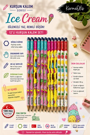 IceCream Premium HB Kurşun Kalem Seti 12’li Köşeli Gövde Bulut Desenli Yerli Üretim