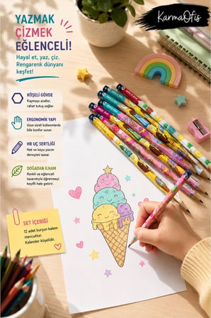 IceCream Premium HB Kurşun Kalem Seti 12’li Köşeli Gövde Bulut Desenli Yerli Üretim