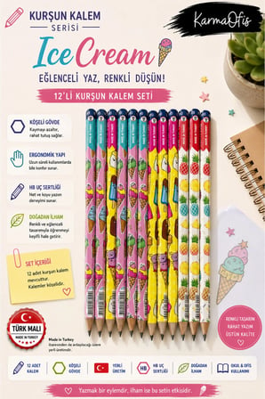 IceCream Premium HB Kurşun Kalem Seti 12’li Köşeli Gövde Bulut Desenli Yerli Üretim