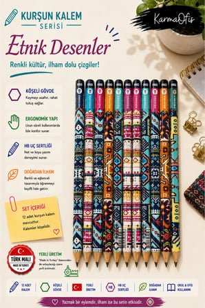 Etnik Desenler Premium HB Kurşun Kalem Seti 12’li Köşeli Gövde Bulut Desenli Yerli Üretim