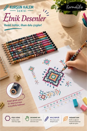 Etnik Desenler Premium HB Kurşun Kalem Seti 12’li Köşeli Gövde Bulut Desenli Yerli Üretim
