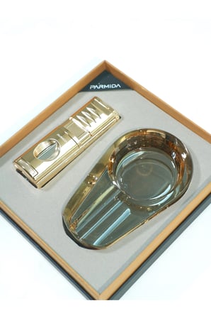 Parmida 3 Torch Ahşap Gold Çakmak Gold Kristal Tekli Küllük İkili Puro Seti