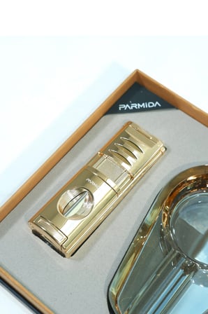 Parmida 3 Torch Ahşap Gold Çakmak Gold Kristal Tekli Küllük İkili Puro Seti
