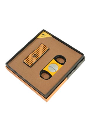 Cohiba Tek Torch Dama Desenli Çakmak Sarı Siyah Kesici İkili Puro Seti