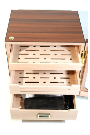 PremiumQuality Las Condes Aksesuar Çekmeceli İçi Ledli Kahverengi Sedir Humidor Puro Kutusu