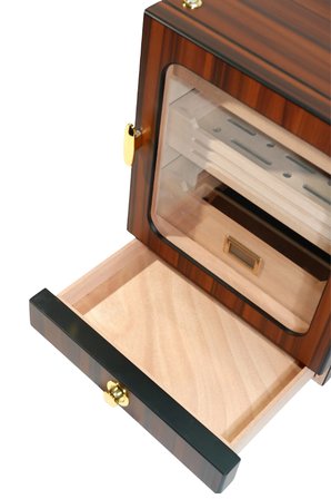 PremiumQuality Las Condes Aksesuar Çekmeceli İçi Ledli Kahverengi Sedir Humidor Puro Kutusu