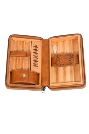 Cohiba Dahili Çakmak Kahverengi Deri Puro Taşıma Çantası & Seyahat Humidoru