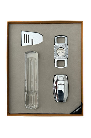 Parmida Çakmak Kesici Küllük Sehpa Dörtlü Gümüş Puro Seti