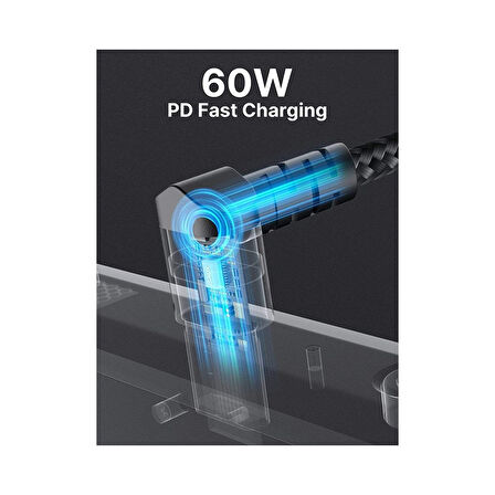 Jsaux 3 Metre 100W 5A Hızlı Şarj ve Data Kablosu 90 Derece Type-C To Type-C Uzun Kablo , Macbook ve iPad ile Uyumlu Dik Açı Hızlı Şarj Kablosu 100 watt CC0034 Gri