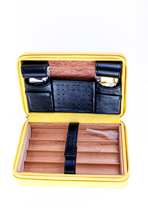 Cohiba Sarı-Siyah Çakmak Kesicili Deri Puro Taşıma Çantası & Seyahat Humidoru
