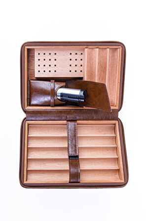 Cohiba XL Açık Kahverengi Dahili Çakmak Deri Puro Taşıma Çantası & Seyahat Humidoru