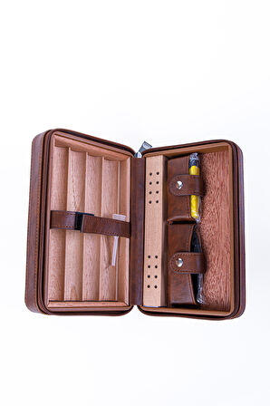 Cohiba Kahverengi Çakmak Kesicili Deri Puro Taşıma Çantası & Seyahat Humidoru